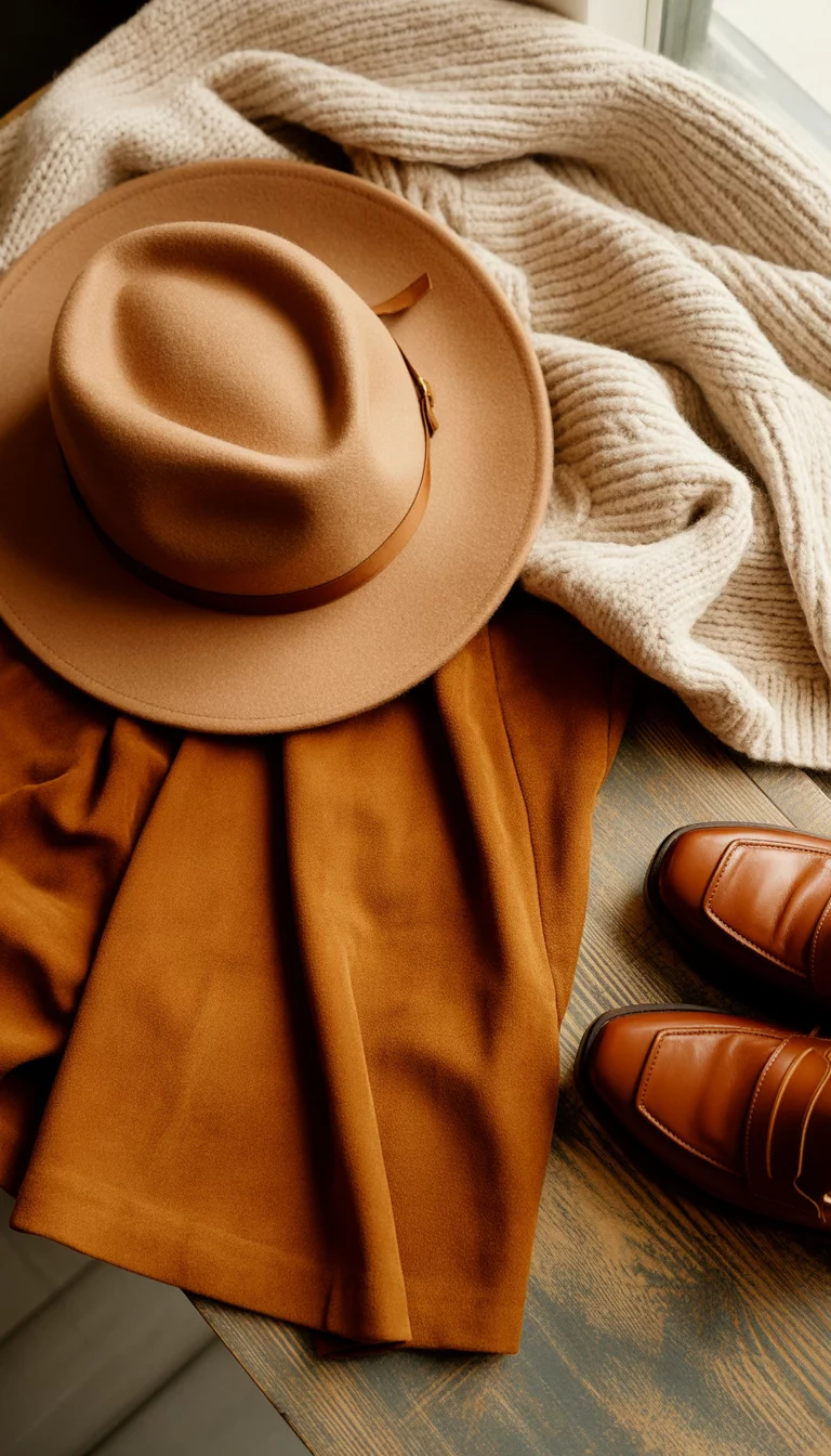 A collage of early fall outfit ideas features a variety of flat lay clothing including felt hats, suede skirts, knit sweaters, and leather loafers in warm tones.