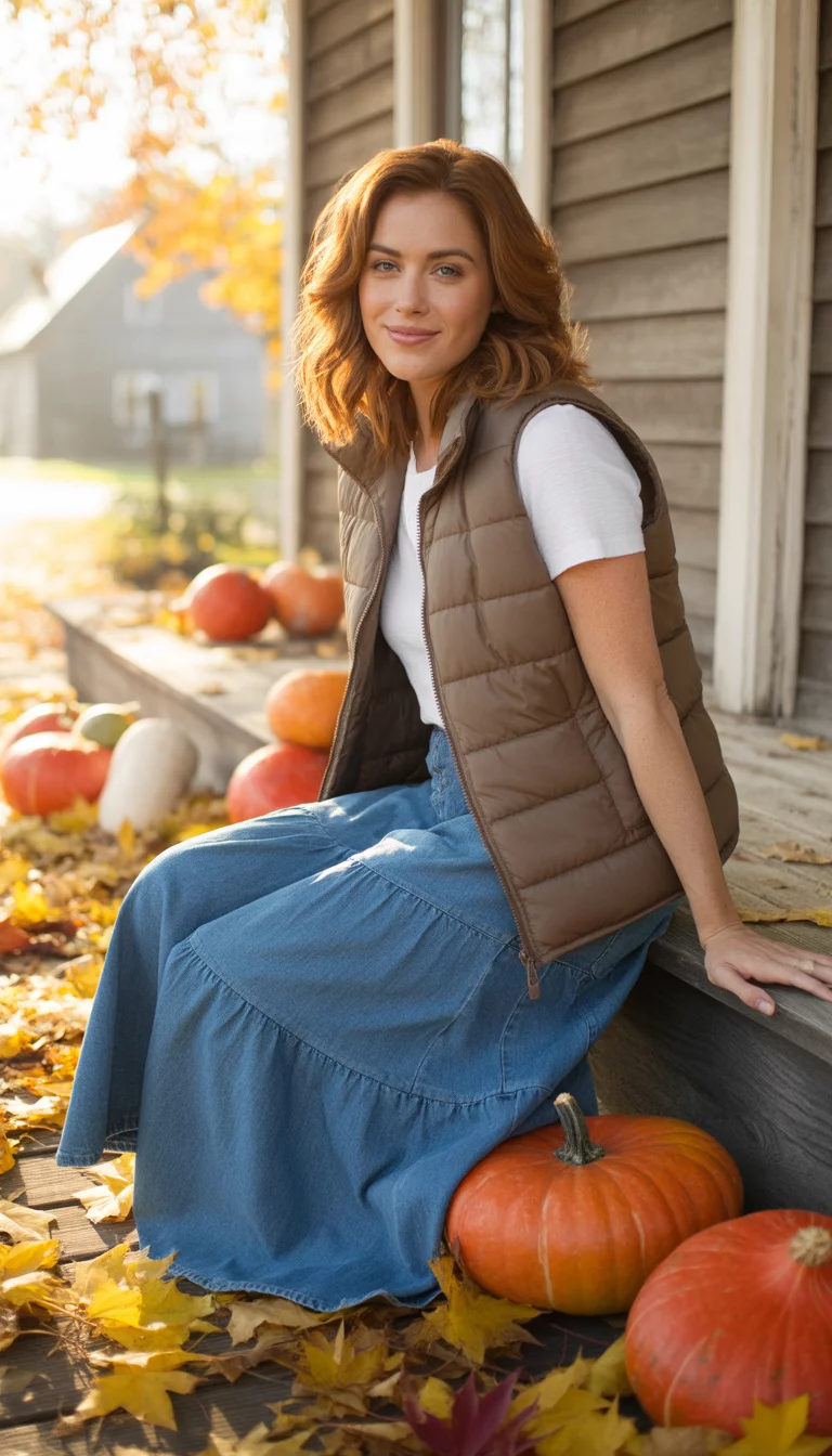 A beautiful 26-year-old woman in a white t-shirt, a brown padded vest, and a long denim skirt poses on a porch decorated with orange pumpkins and fall leaves.