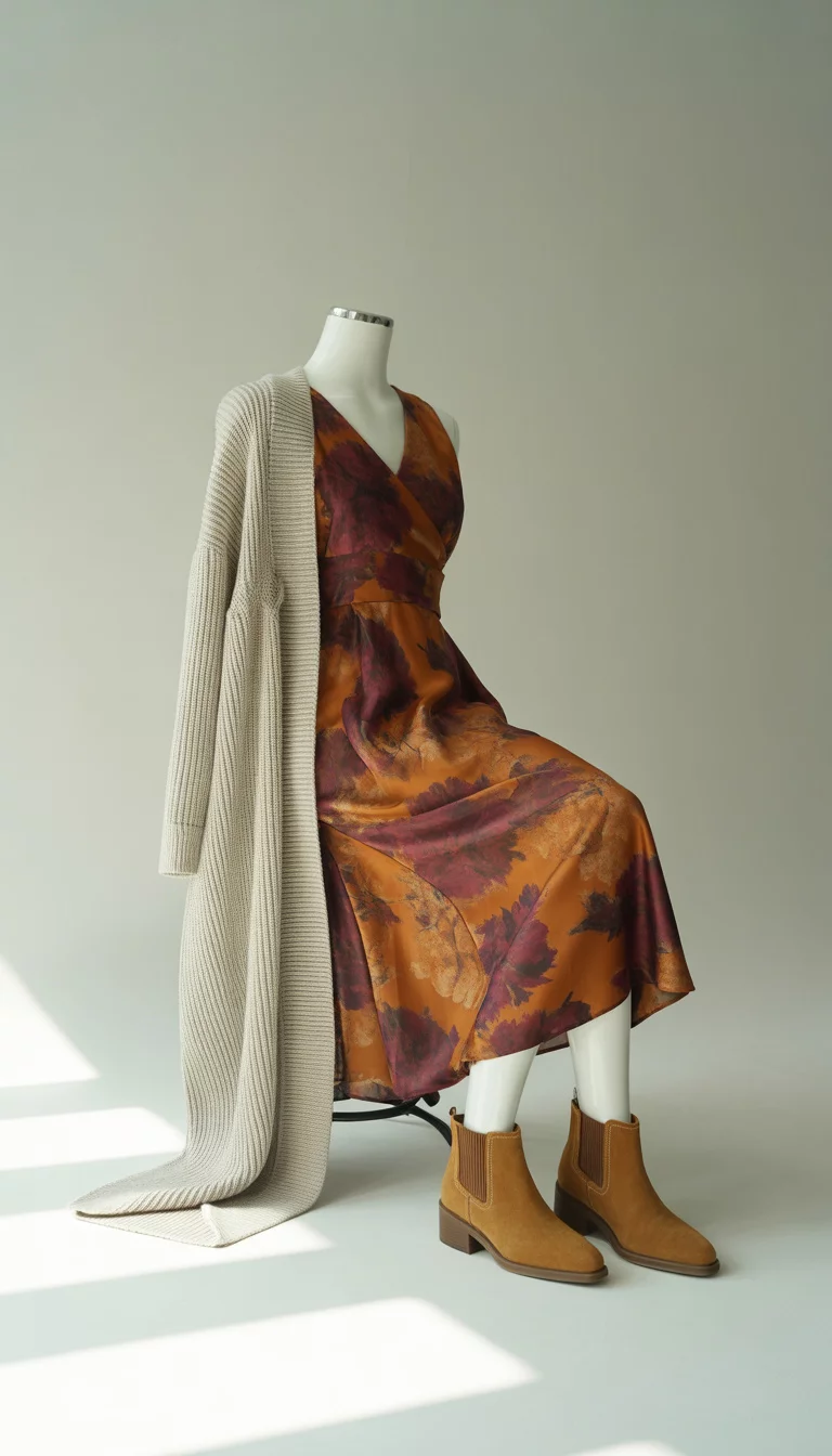 A collection of various fall transition outfits featuring floral midi dresses, long knit cardigans, and tan suede boots displayed in a bright studio.