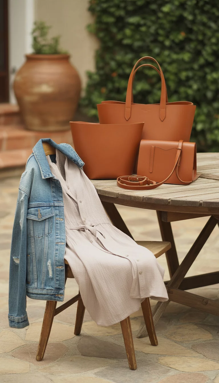 A collage showcases various late summer and early fall outfits including lightweight linen sets, denim jackets, and cognac leather accessories.
