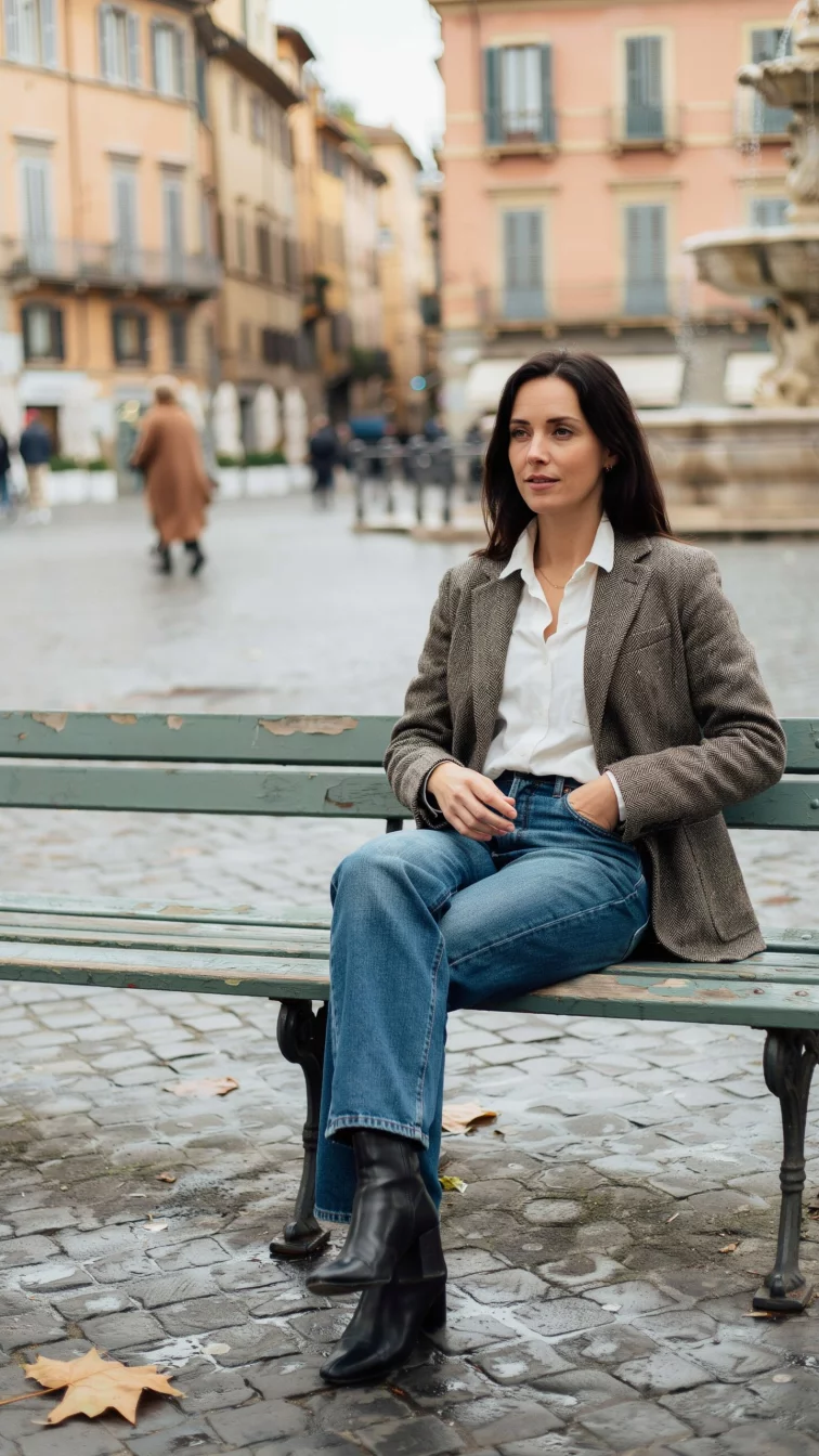 A high fashion editorial photograph of a 32-year-old woman in a grey tweed blazer, white shirt, and denim flares, she sits on a bench in a classic European city square.