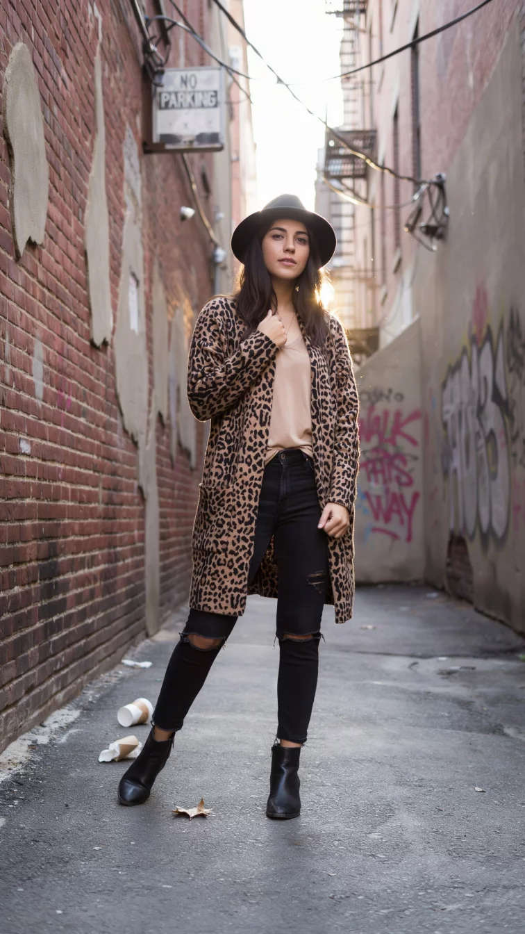 A high fashion editorial photograph of a 29-year-old woman in a beige tan v-neck top, black ripped jeans, and a long leopard print cardigan, she wears a black fedora while posing in an urban alleyway.