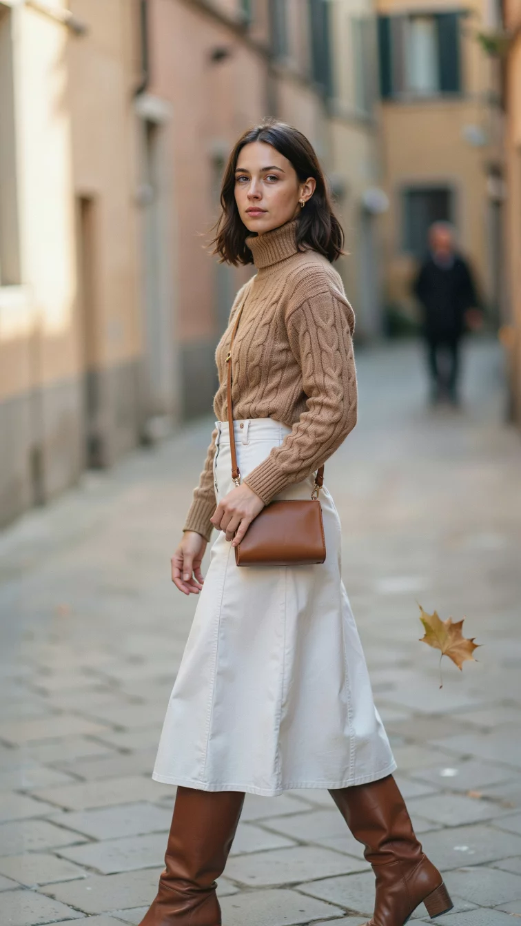 A high fashion editorial photograph of a 27-year-old woman in a camel chunky knit turtleneck sweater, white button front midi skirt, and knee high brown boots, she carries a small brown crossbody bag.