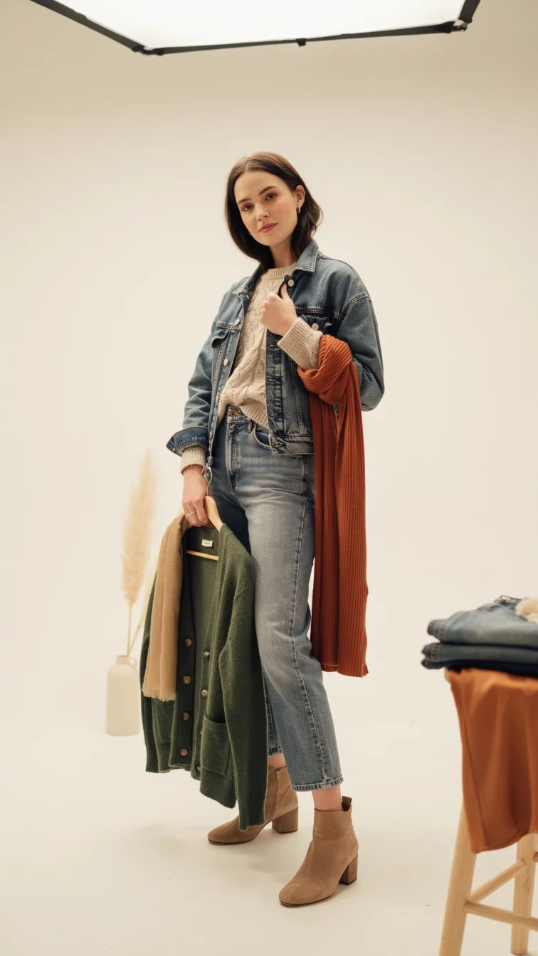 A high fashion editorial photograph of a 26-year-old woman in a collection of autumn items including a variety of sweaters, denim jackets, jeans, and dresses, posed in a bright studio environment.
