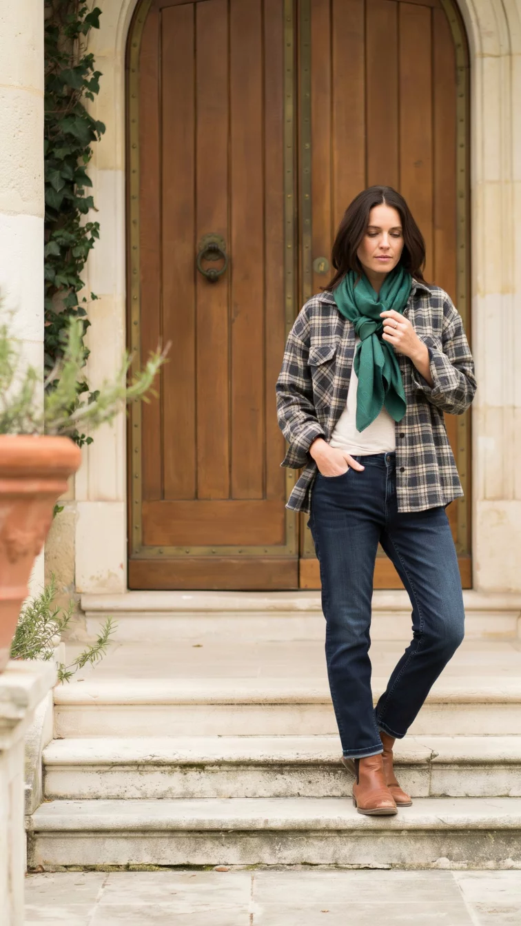 A high fashion editorial photograph of a 32-year-old woman in a green scarf, plaid shirt, and dark blue jeans, she stands on stone steps in front of a large double wooden door.