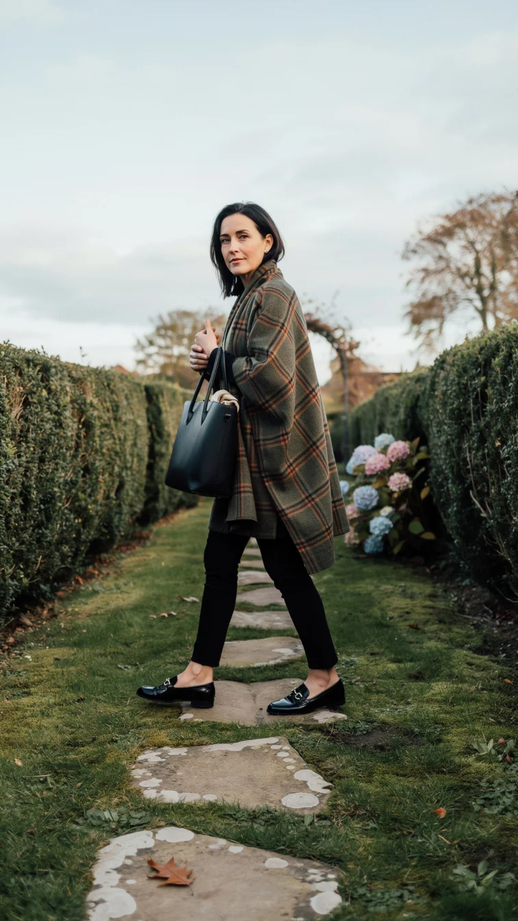A high fashion editorial photograph of a 35-year-old woman in a plaid poncho, black leggings, and black loafers, she carries a black tote bag while standing on garden stepping stones.