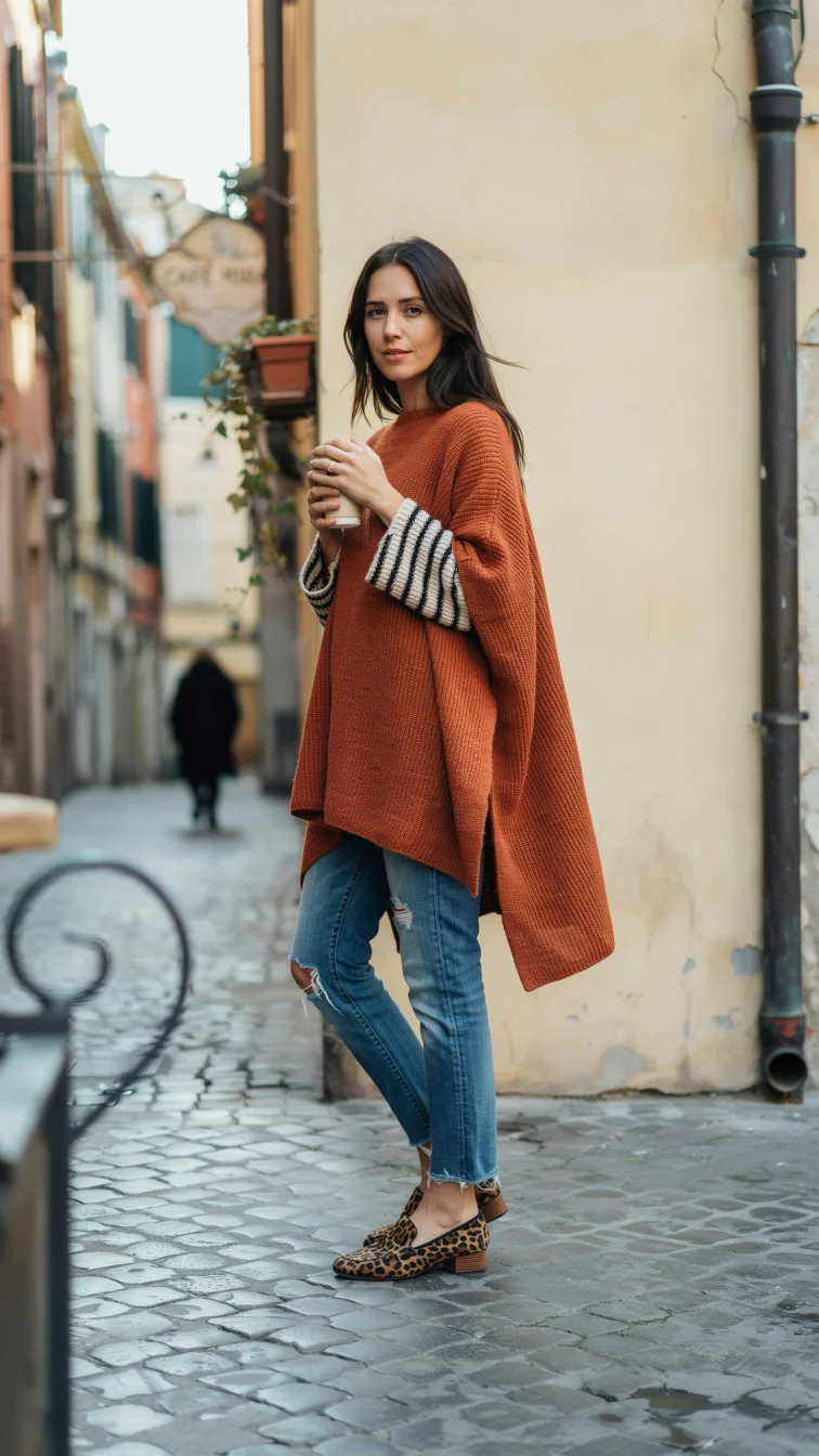 A high fashion editorial photograph of a 34-year-old woman in a rust colored poncho with striped sleeves, ripped blue jeans, and leopard print loafers, she holds a white coffee cup outdoors.