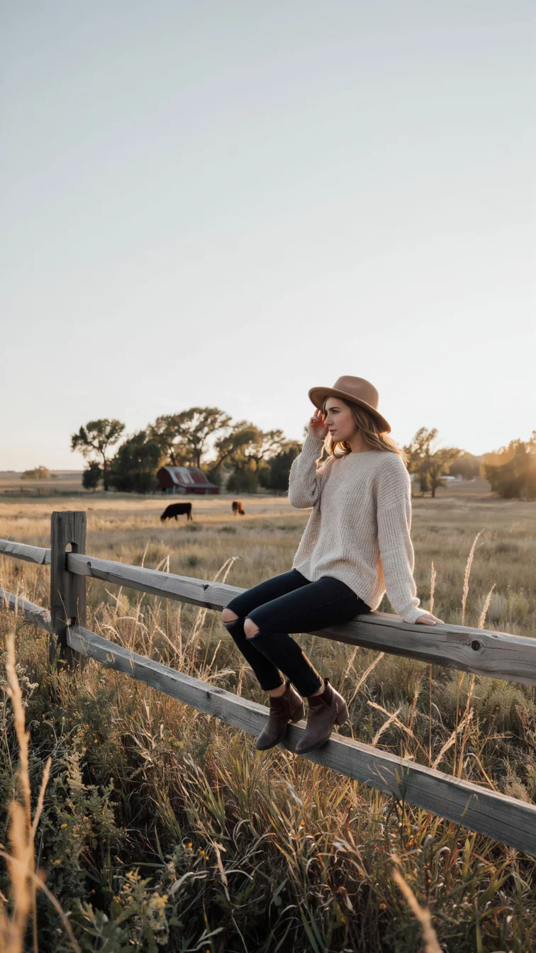 A high fashion editorial photograph of a 27-year-old woman in a cream oversized sweater, ripped black jeans, tan fedora, and brown ankle boots, she sits on a rustic farm fence.