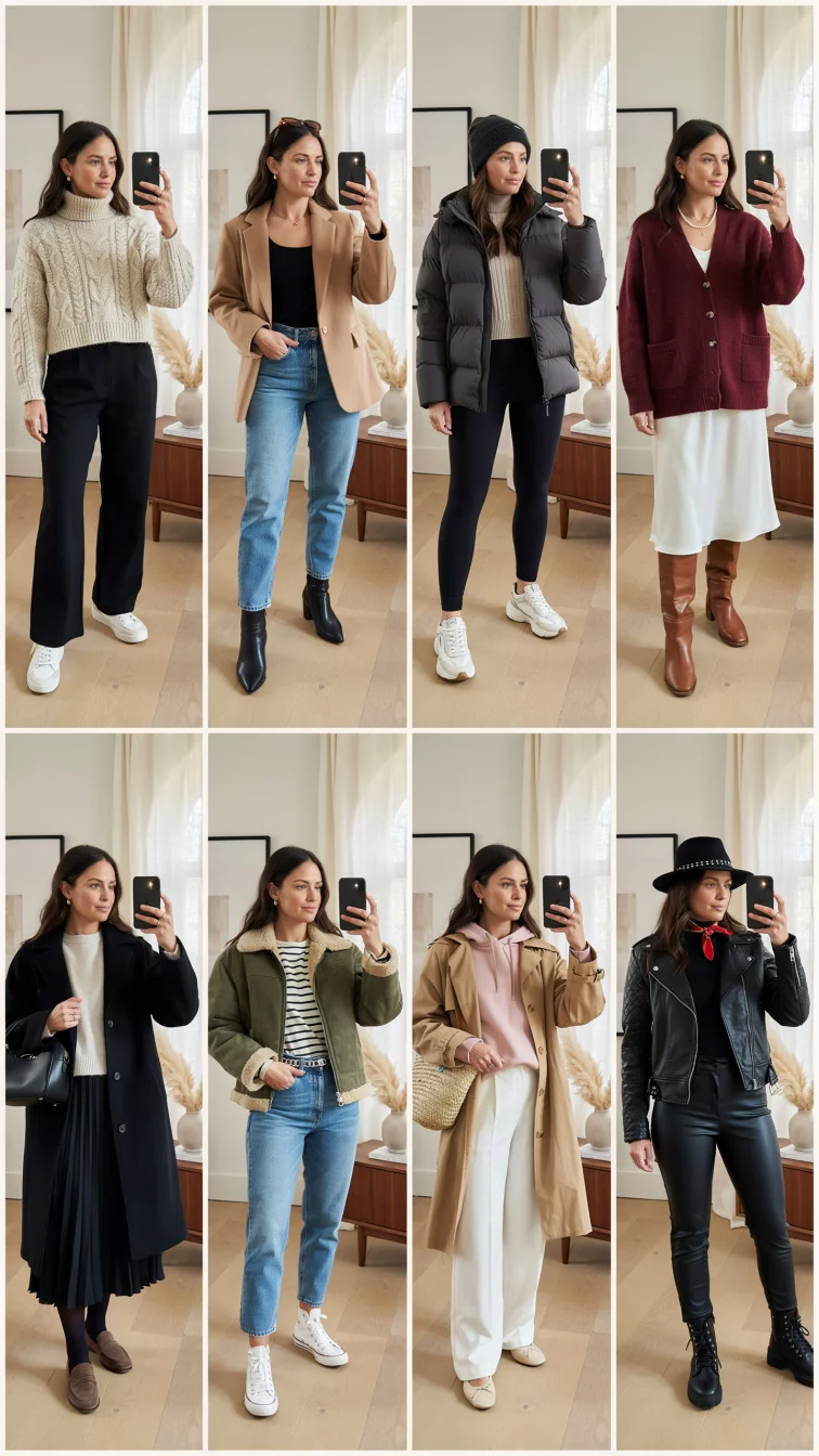 A high fashion editorial photograph of a 28-year-old woman in a grid showcasing eight different outfits including various sweaters, jackets, hats, and scarves, taking mirror selfies in a modern room.