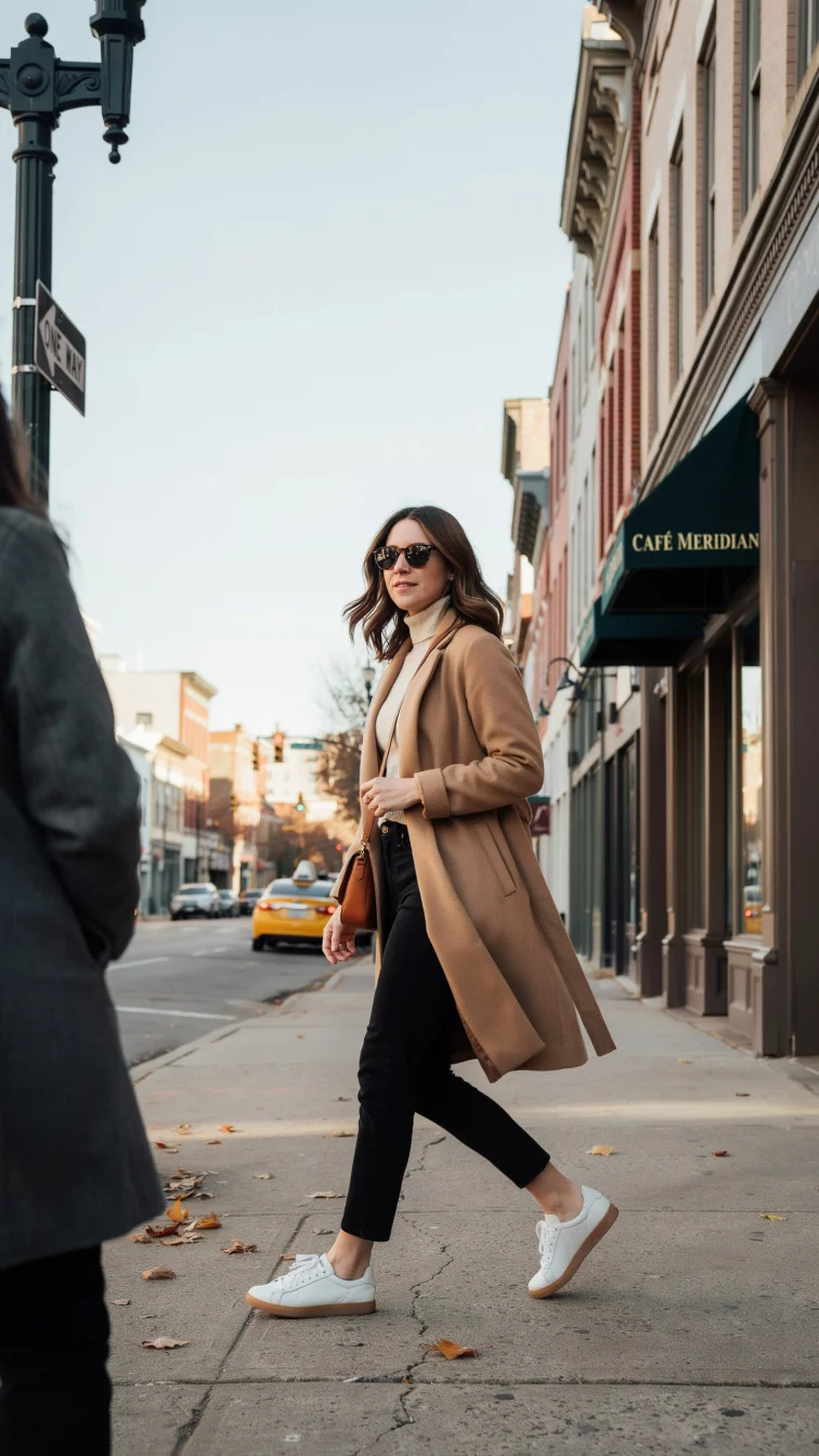 A high fashion editorial photograph of a 33-year-old woman in a camel coat, cream turtleneck, and black skinny jeans, she wears white sneakers and sunglasses while walking down a city street.