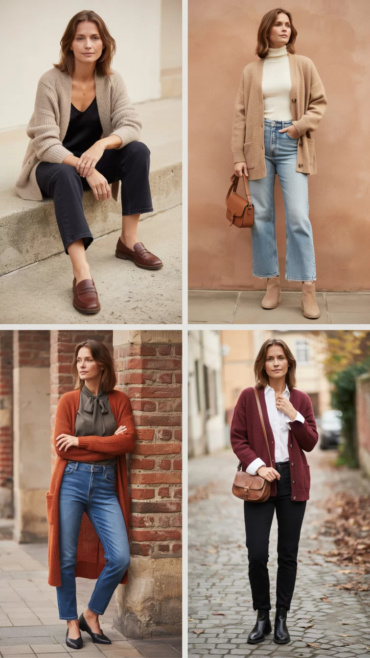 A high fashion editorial photograph of a 31-year-old woman dressed in four different casual and dressy casual autumn outfits including various cardigans, jeans, and formal tops in a collage layout.