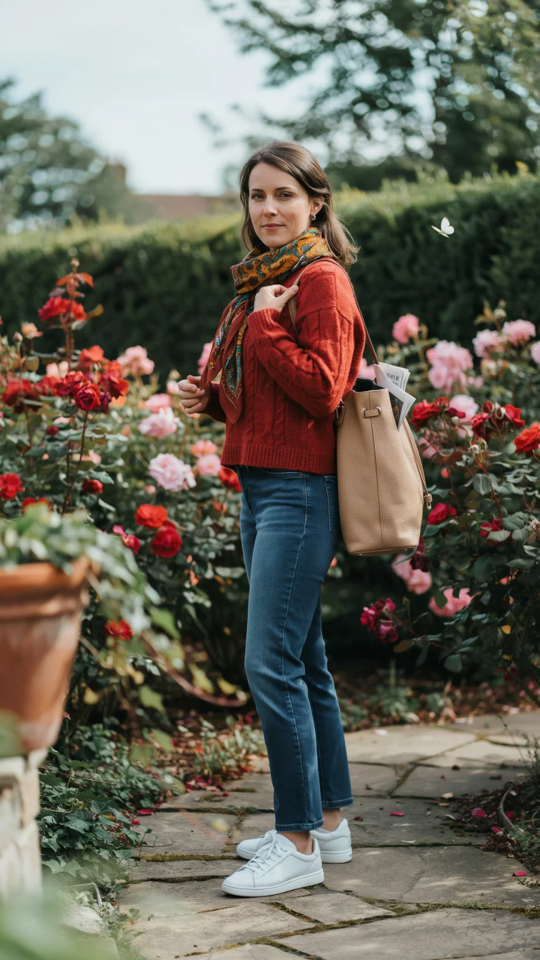 A high fashion editorial photograph of a 30-year-old woman in a red sweater, blue jeans, and a colorful patterned scarf, she carries a large brown tote bag while posing in a garden.