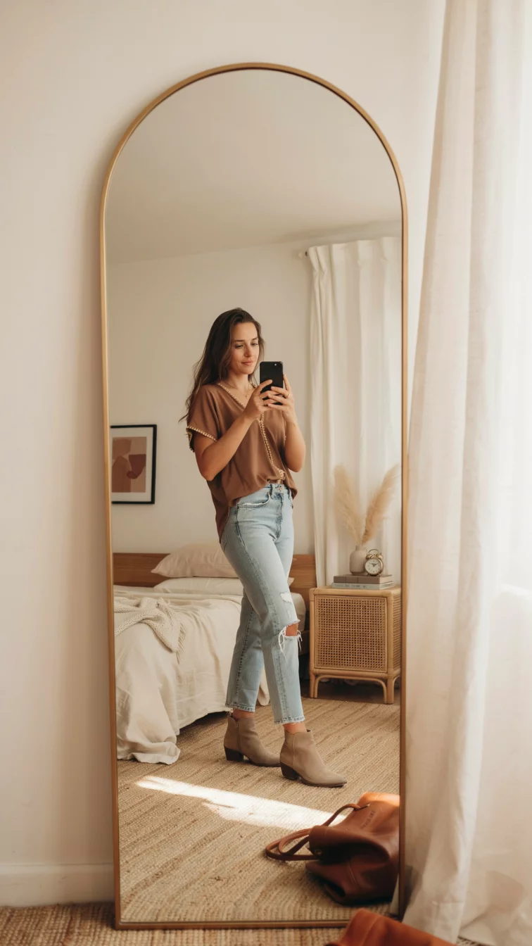 A high fashion editorial photograph of a 28-year-old woman in a brown v-neck top with embellished trim, light wash ripped jeans, and tan ankle boots, she takes a mirror selfie in a stylish bedroom.