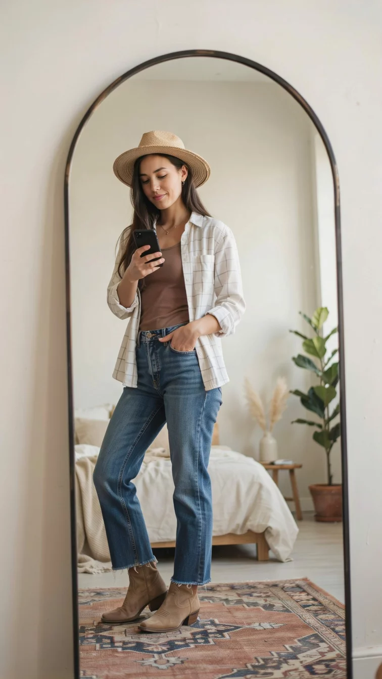 A high fashion editorial photograph of a 26-year-old woman in a white plaid shirt, brown top, blue flared jeans, a white hat, and tan boots, she takes a mirror selfie.