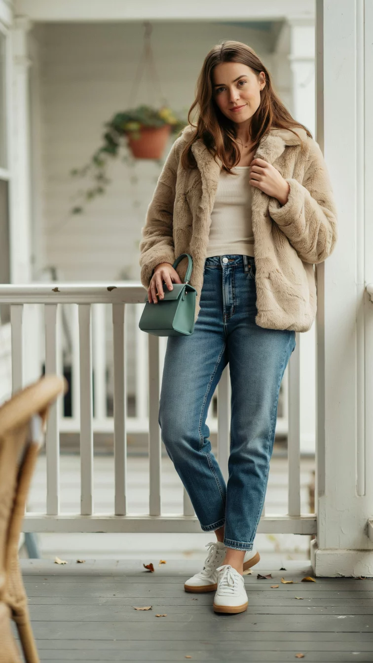 A high fashion editorial photograph of a 25-year-old woman in a beige faux fur jacket, blue jeans, and white sneakers, she carries a small green handbag while posing on a wooden porch.