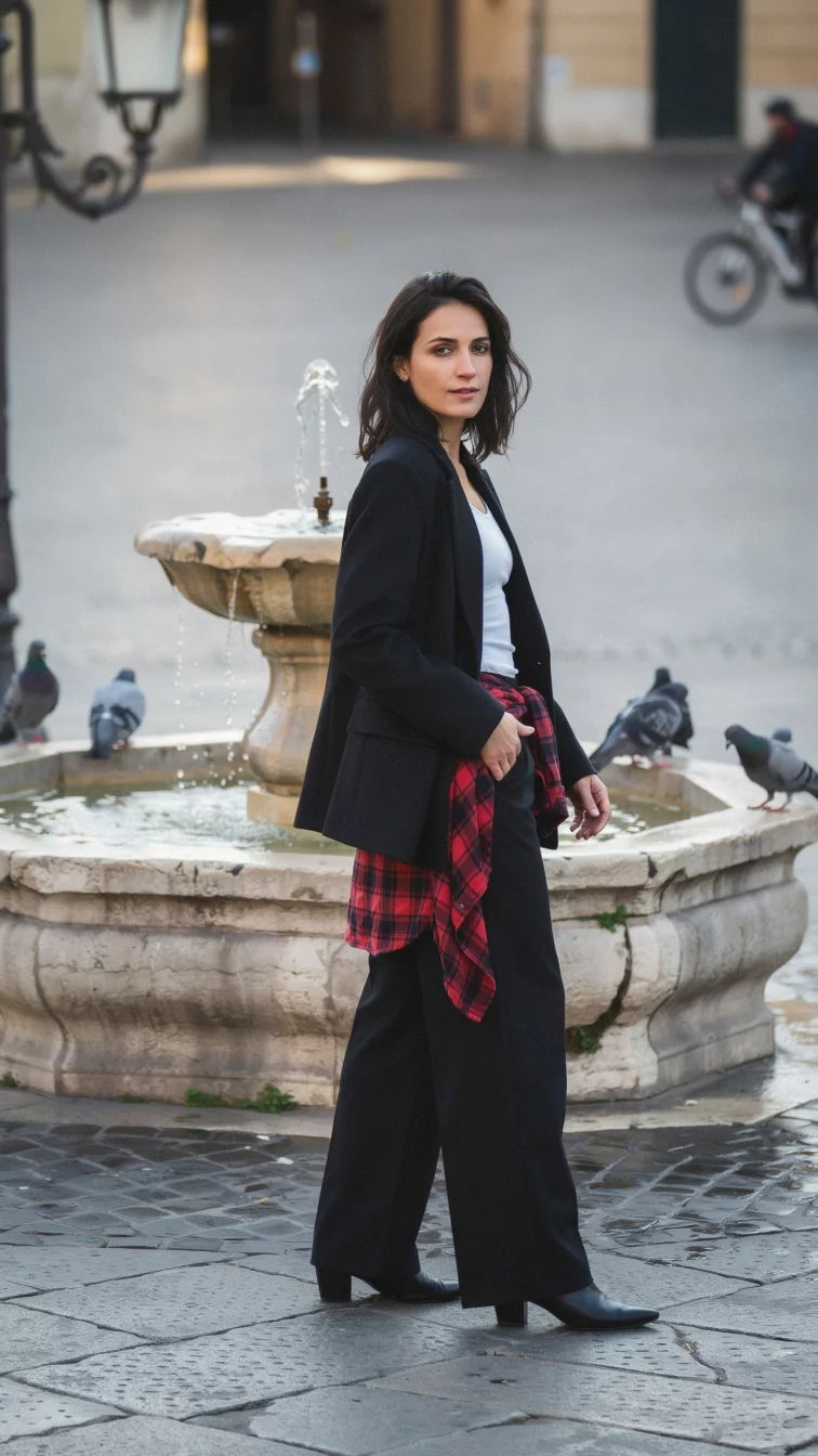 A high fashion editorial photograph of a 30-year-old woman in a black jacket, white tank top, and loose black pants with a plaid shirt tied around her waist, she stands by a fountain in a European city.