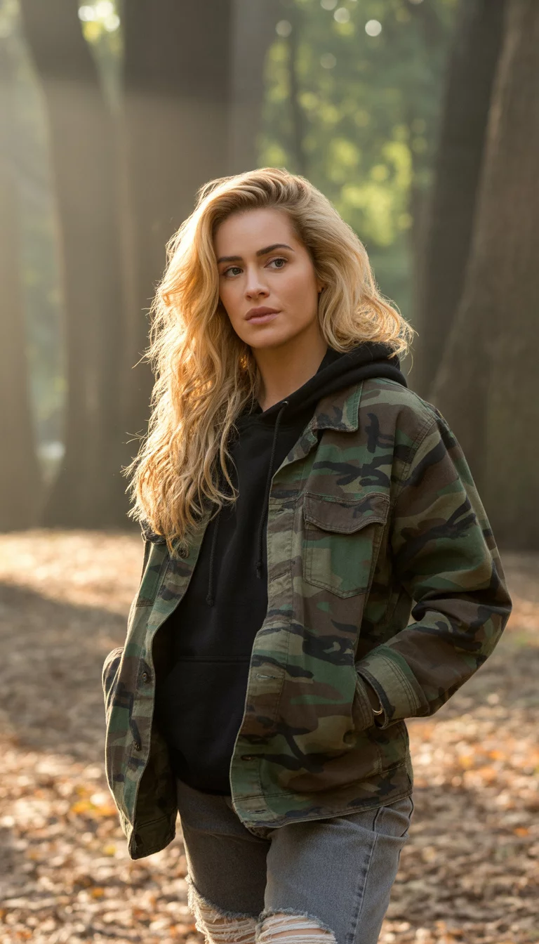 A beautiful 24-year-old woman with blonde hair wearing a camouflage jacket over a black hoodie and ripped grey jeans, she poses in a wooded park.