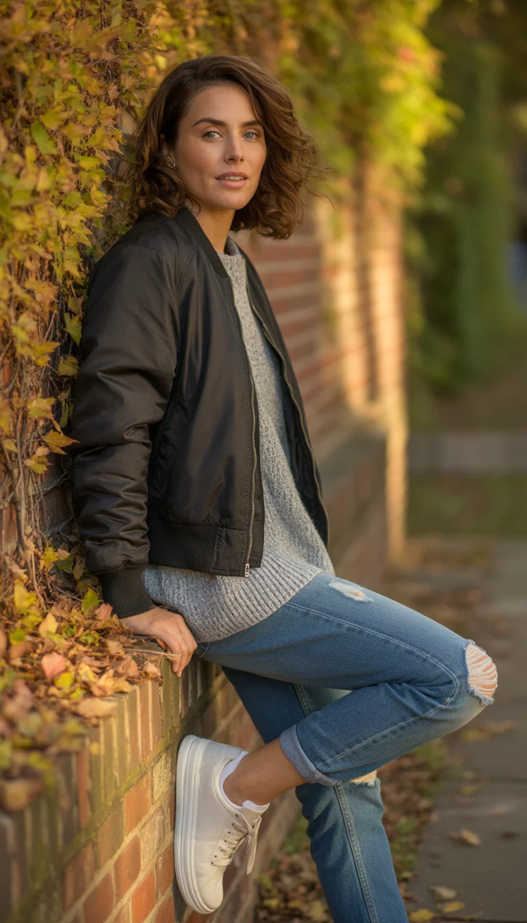 A beautiful 28-year-old woman in a black bomber jacket, grey knit sweater, ripped blue jeans, and white sneakers, she leans against a brick wall covered in autumn leaves.