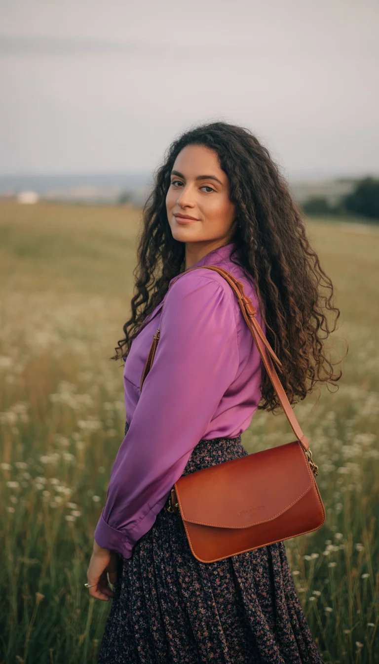 A beautiful 26-year-old woman with long dark hair in a purple long-sleeved shirt and a dark floral skirt, she poses outdoors with a brown leather crossbody bag.