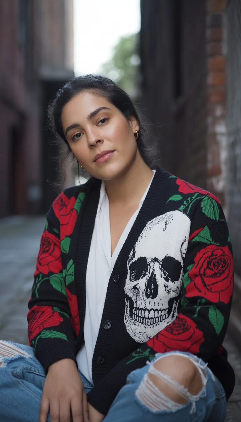 A beautiful 27-year-old woman wearing a black cardigan with a white skull and red rose pattern, over a white shirt and ripped blue jeans.