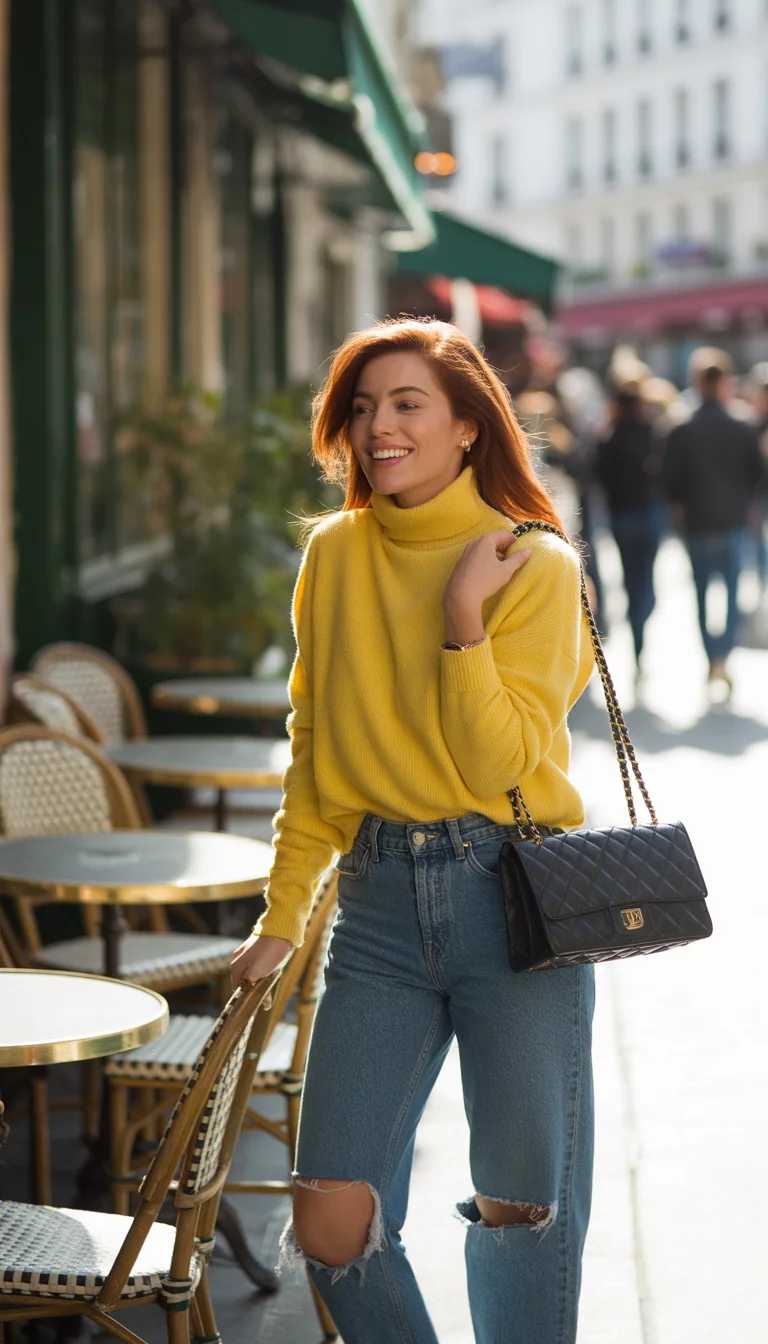 A beautiful 27-year-old woman in a bright yellow turtleneck sweater, ripped blue jeans, and carrying a black quilted handbag, she poses outside a street cafe.