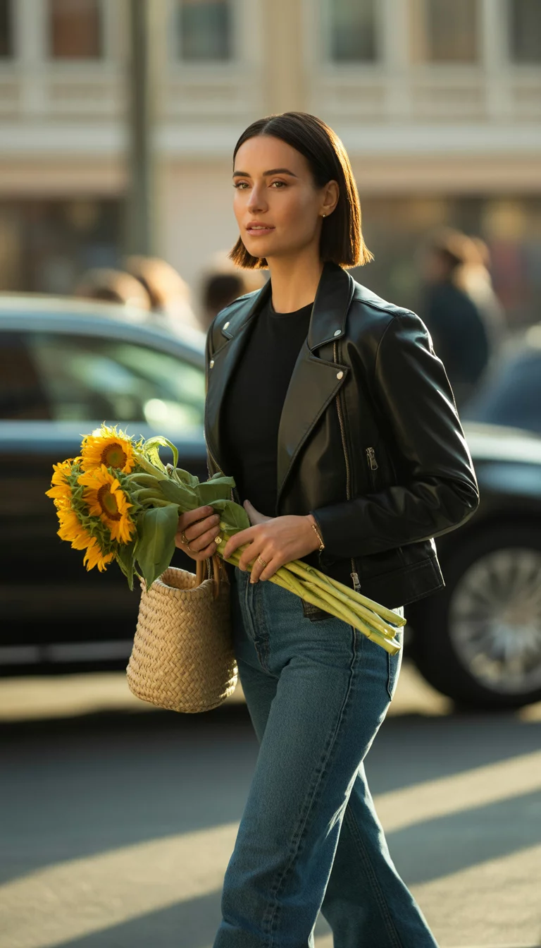 A beautiful 30-year-old woman with straight dark hair wearing a black leather jacket, black top, and blue flare jeans, she holds a bouquet of flowers and a straw bag.