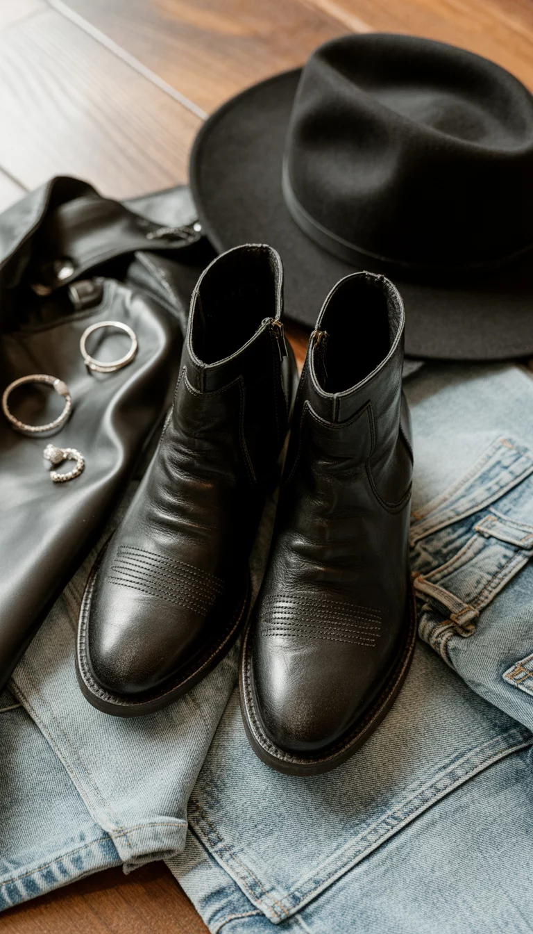 A flat lay presentation of black leather boots, distressed denim jeans, a black leather jacket, various silver rings, and a black wide-brimmed hat on a wooden floor.