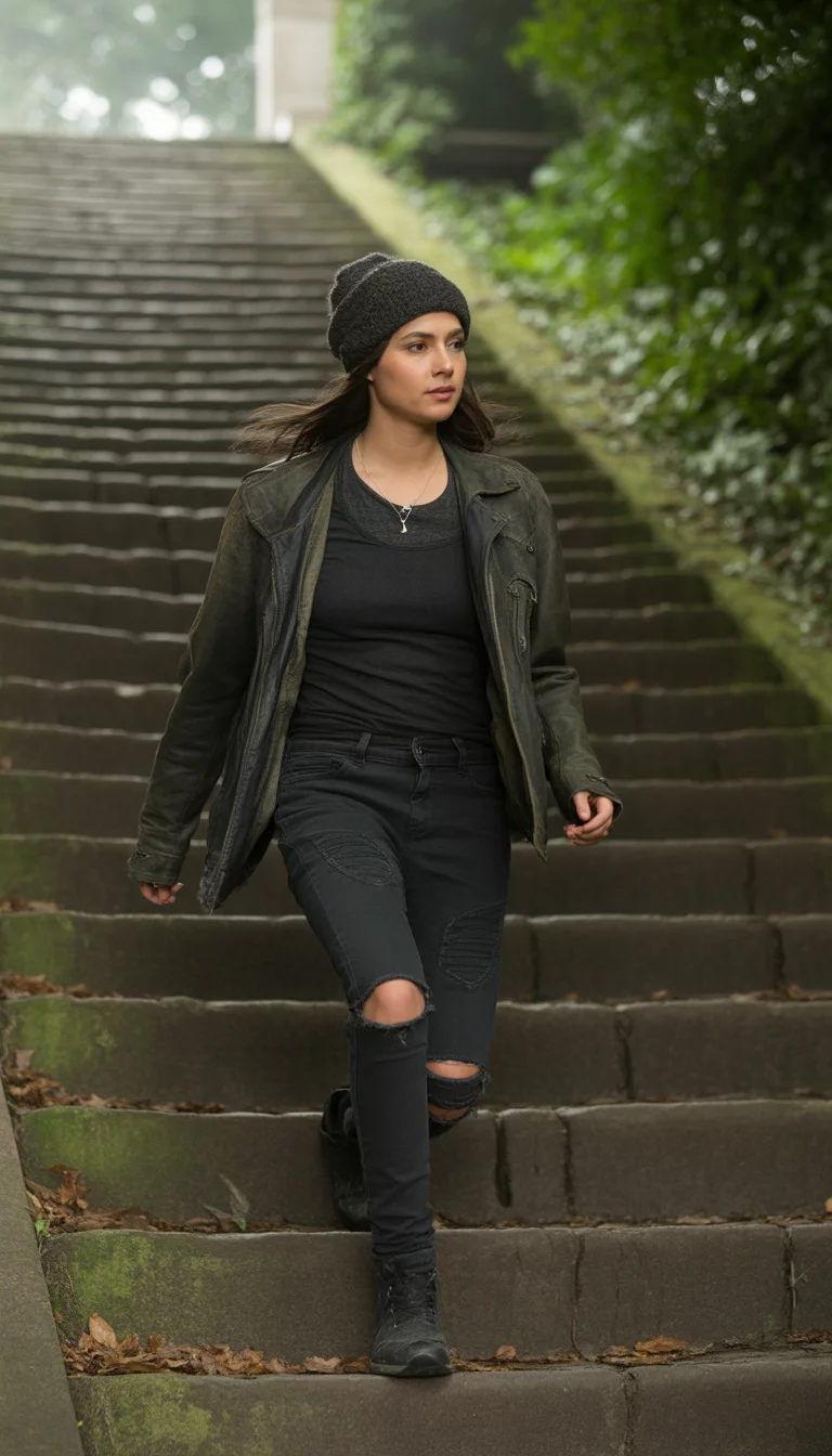 A beautiful 26-year-old woman walking down stone steps wearing ripped black jeans, layered black tops, and a black jacket, she looks intently to the side.