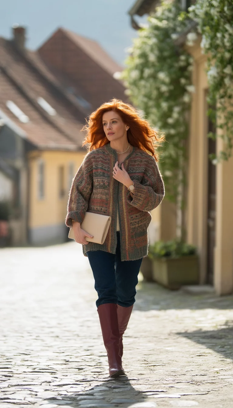 A beautiful 36-year-old woman with red hair wearing a patterned long cardigan, dark blue jeans, and maroon knee-high boots, she walks outdoors holding a simple clutch.