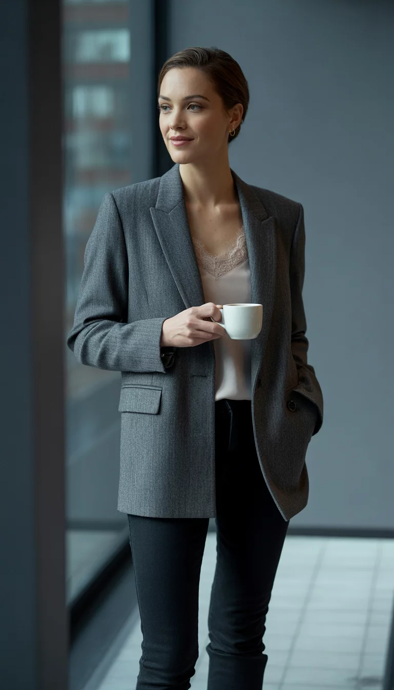 A beautiful 29-year-old woman in a grey wool blazer, black lace camisole, black skinny jeans, and black ankle boots, she holds an white coffee cup.