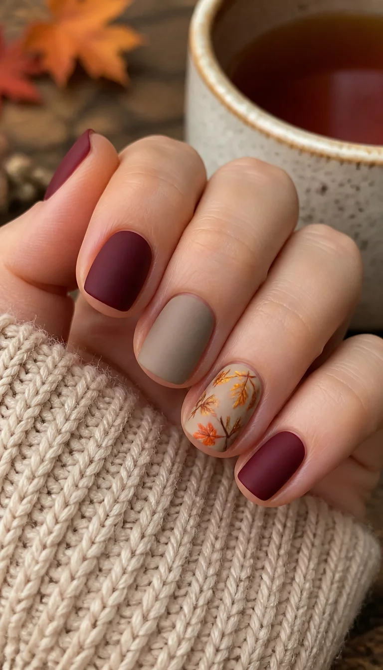 close-up shot of a woman’s hand with five fingers showing short, square nails in matte burgundy and taupe, with two accent nails featuring delicate painted autumn leaves in orange and yellow, cup of tea background.