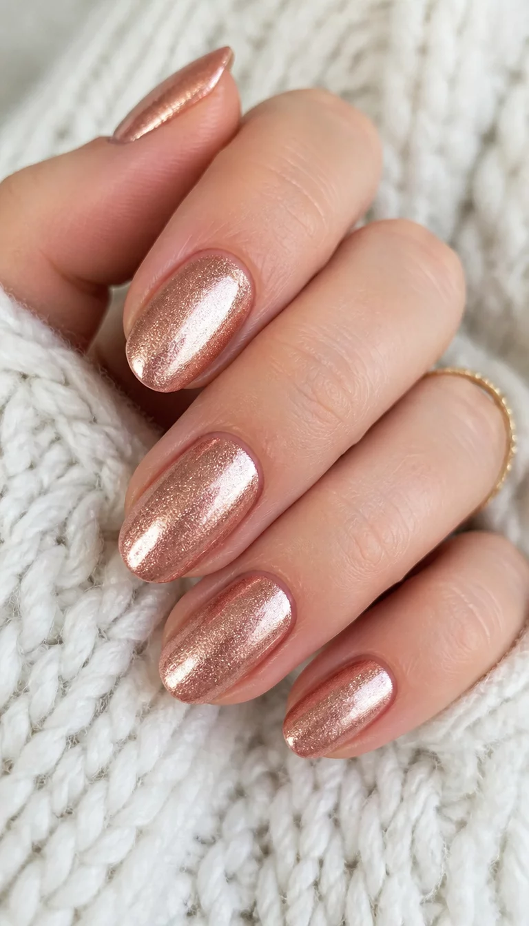 close-up shot of a woman’s hand with five fingers showing oval nails with a shimmery, rose-gold metallic finish, white wool garment background.