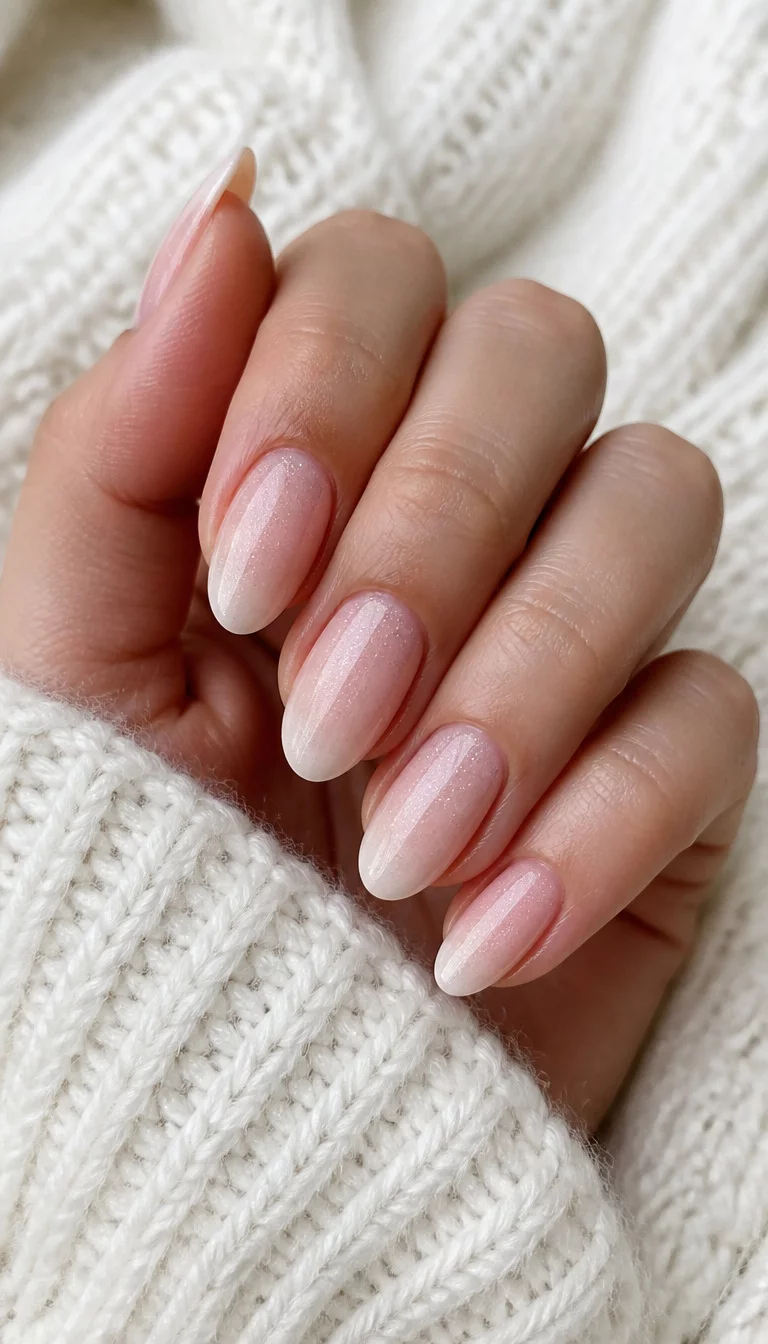 close-up shot of a woman’s hand with five fingers showing almond-shaped, sheer pale pink nails with subtle silver shimmer, white wool sweater background.