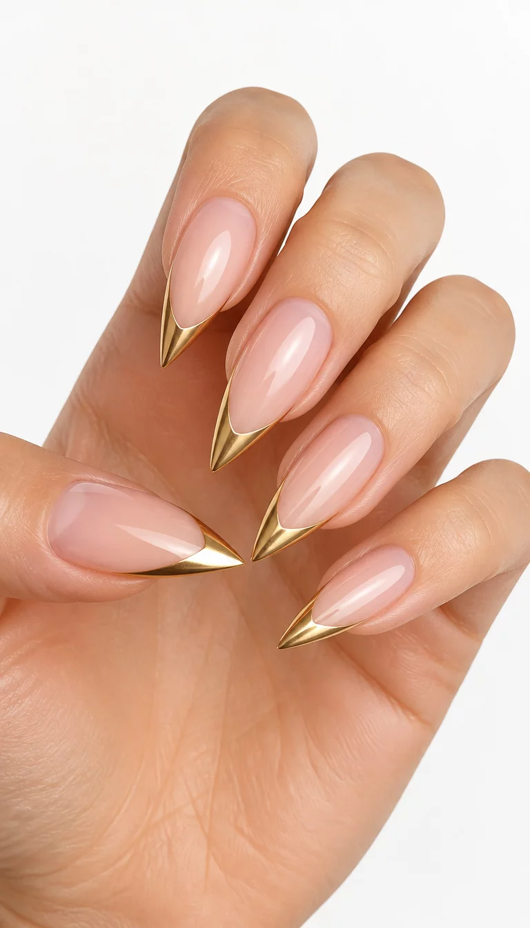 close-up shot of a woman’s hand with five fingers showing stiletto nails with a sheer pink nail bed and metallic gold French tips, minimalist white background.