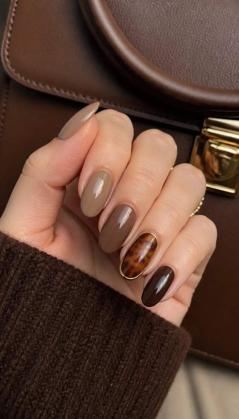 close-up shot of a woman’s hand with five fingers showing oval nails in varying shades of mocha and chocolate brown, with one accent nail featuring a realistic tortoiseshell pattern and gold outlines, leather handbag background.