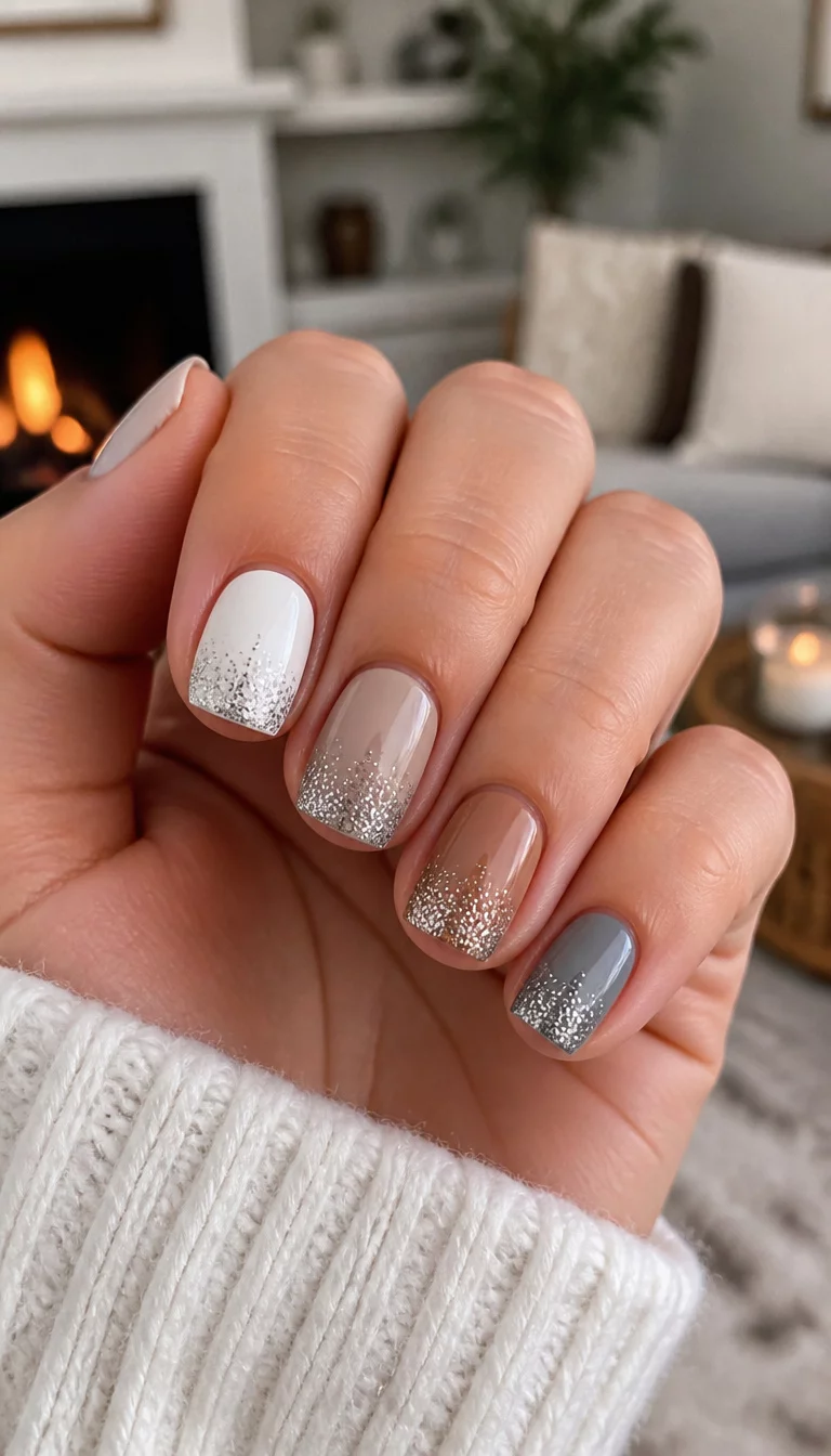 close-up shot of a woman’s hand with five fingers showing short, square-tipped nails in creamy white, tan, and grey, with silver ombre glitter tips, blurred cozy living room background.