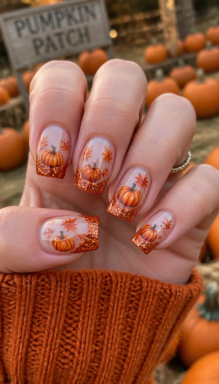 close-up shot of a woman’s hand with five fingers showing square-tipped nails with a clear base, decorated with orange autumn leaves and pumpkins, and sparkly orange glitter French tips, pumpkin patch background.