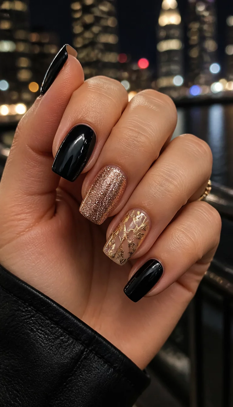 close-up shot of a woman’s hand with five fingers showing square-shaped nails, some in shiny black, one with rose gold glitter, and an accent nail with a gold leaf design over a clear base, evening city lights background.