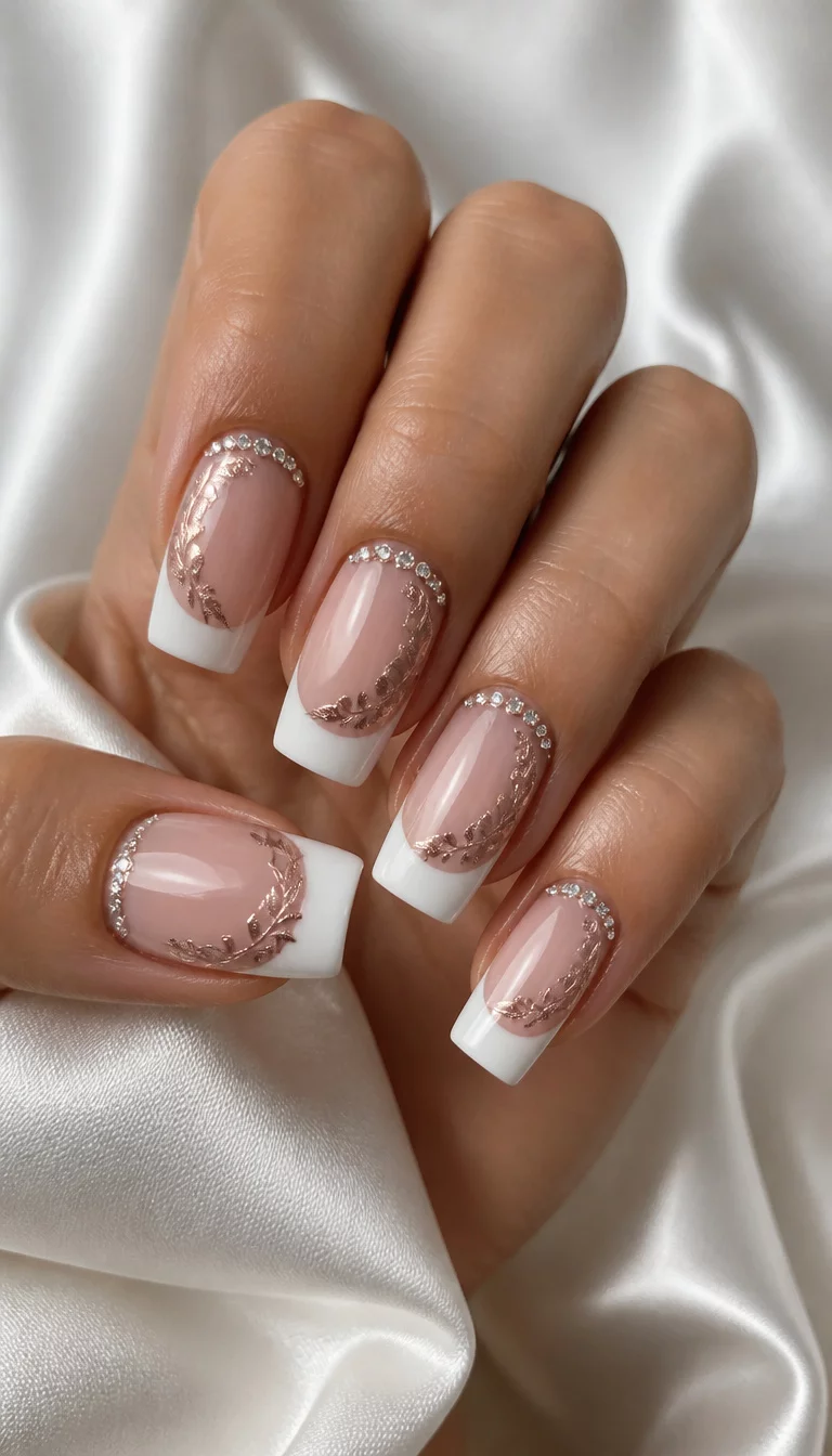 close-up shot of a woman’s hand with five fingers showing square-shaped nails with white French tips, featuring rose gold leaf embellishments and thin diamond-like crystals along the cuticle, white silk background.