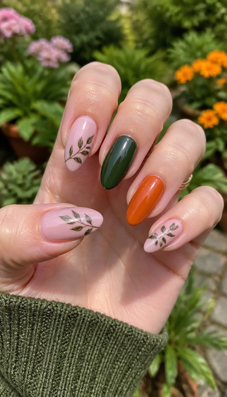 close-up shot of a woman’s hand with five fingers showing almond-shaped nails featuring a light pink base with green leaf designs, a dark forest green accent nail, and a burnt orange accent nail, garden background.