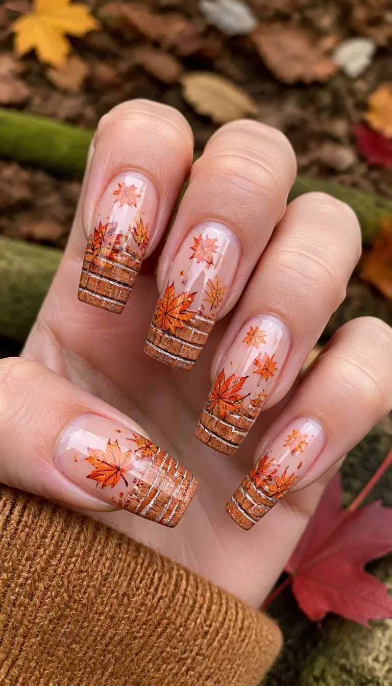 close-up shot of a woman’s hand with five fingers showing long, square-tipped nails with translucent bases and intricate designs featuring orange brick patterns and falling maple leaves, forest floor background.
