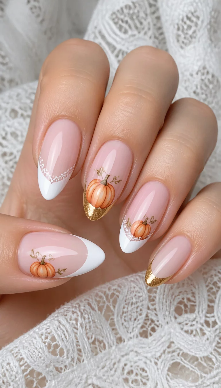 close-up shot of a woman’s hand with five fingers showing almond-shaped nails with a pale pink base, featuring white tips and subtle hand-painted orange pumpkins, some with gold French tips, white lace background.