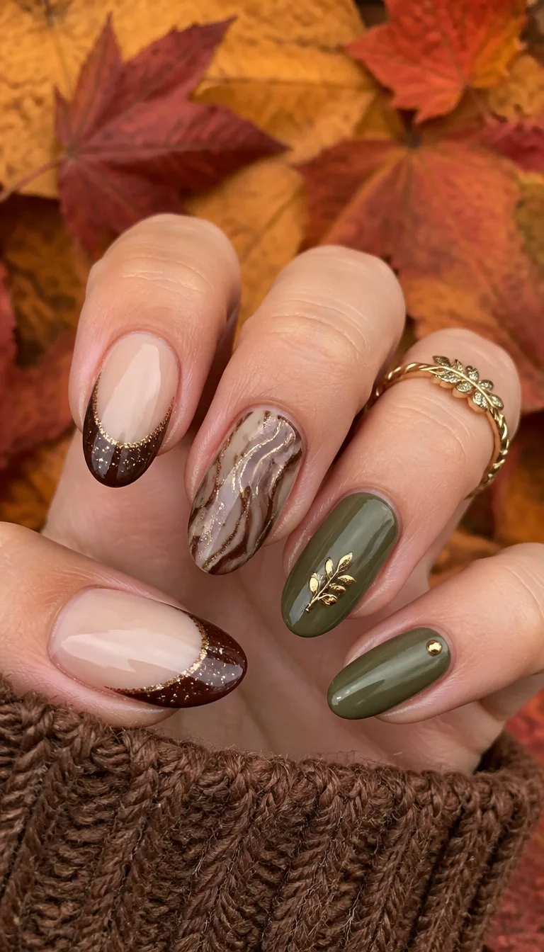 close-up shot of a woman’s hand with five fingers showing a mix of dark brown French tips with glitter, brown marble designs, and olive green nails with gold accents, autumn leaf background.