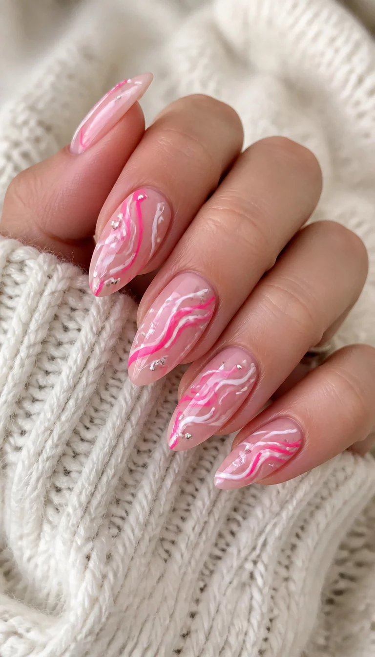 close-up shot of a woman’s hand with five fingers showing almond-shaped nails with a sheer pink base, adorned with swirling hot pink and white nail art designs and small silver studs, cozy white knit sweater background.