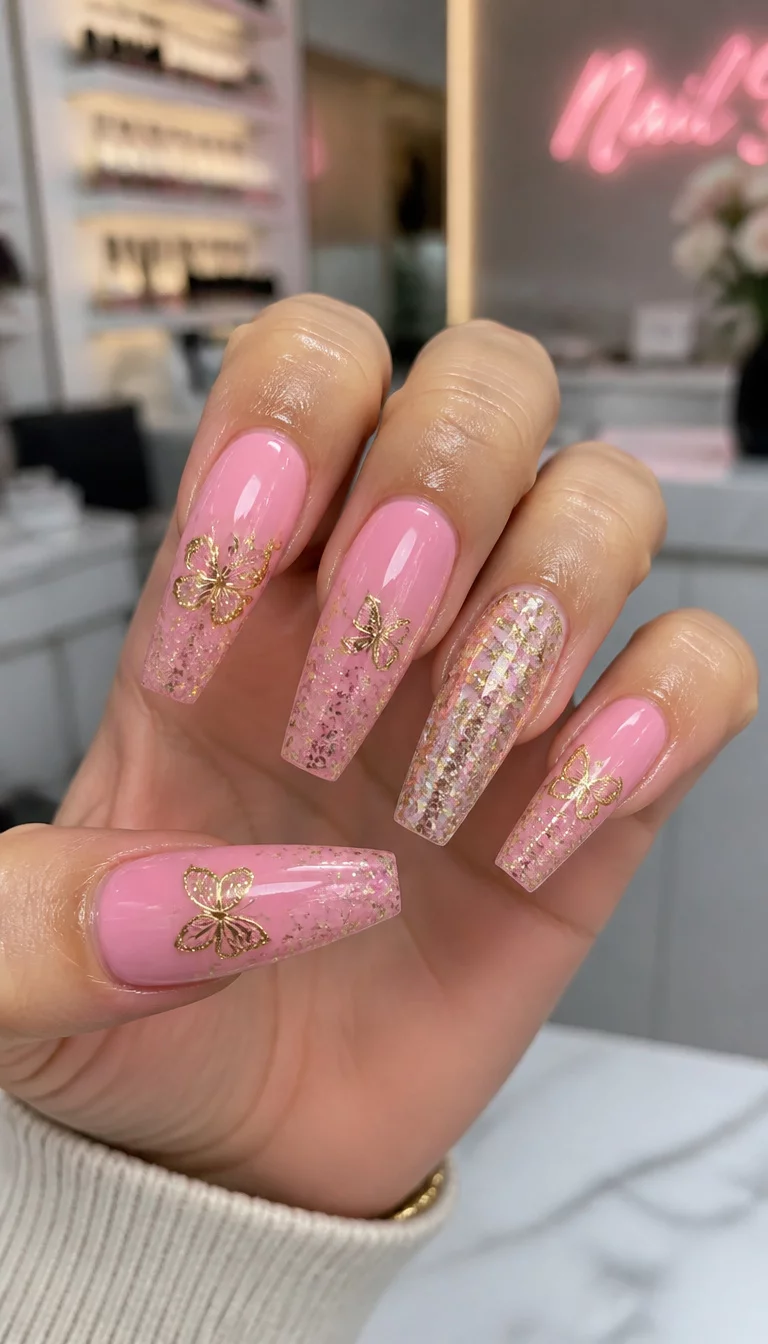 close-up shot of a woman’s hand with five fingers showing pink coffin-shaped nails with gold butterfly designs and chunky glitter accents, professional nail salon background.