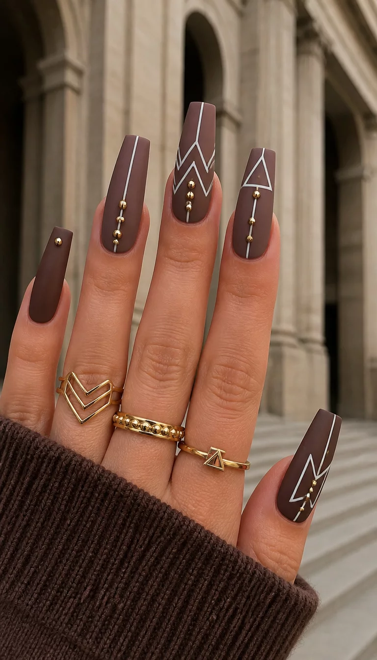 close-up shot of a woman’s hand with five fingers showing long, coffin-shaped nails in matte chocolate brown tones, with white geometric line designs and gold stud accents, architectural background.