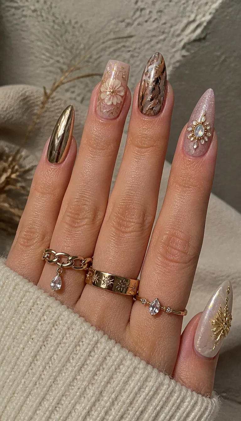 The High Fashion Collage close-up shot of a woman’s hand with five fingers showing nails with various nail shapes and designs including metallic, abstract, floral, and jeweled embellishments, hand and background textures.