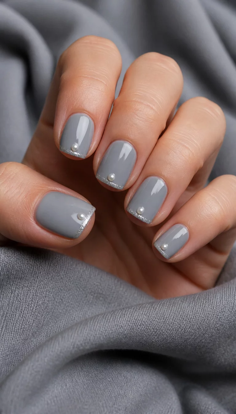 The Sophisticated Pearl Accent close-up shot of a woman’s hand with five fingers showing nails with short, square, grey nails with a subtle silver French tip and a single pearl accent on each, soft, grey fabric.