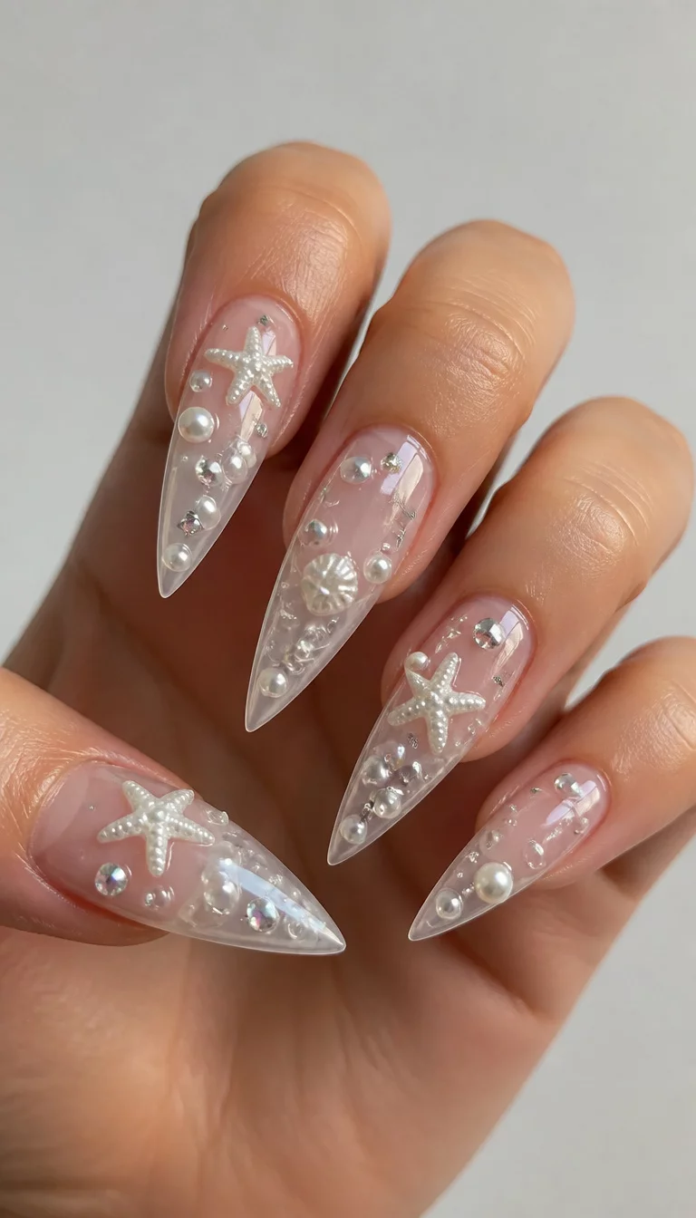 Serene Undersea Stilettos close-up shot of a woman’s hand with five fingers showing nails with stiletto nails with a translucent base, adorned with 3D pearls, rhinestones, and starfish, plain background.