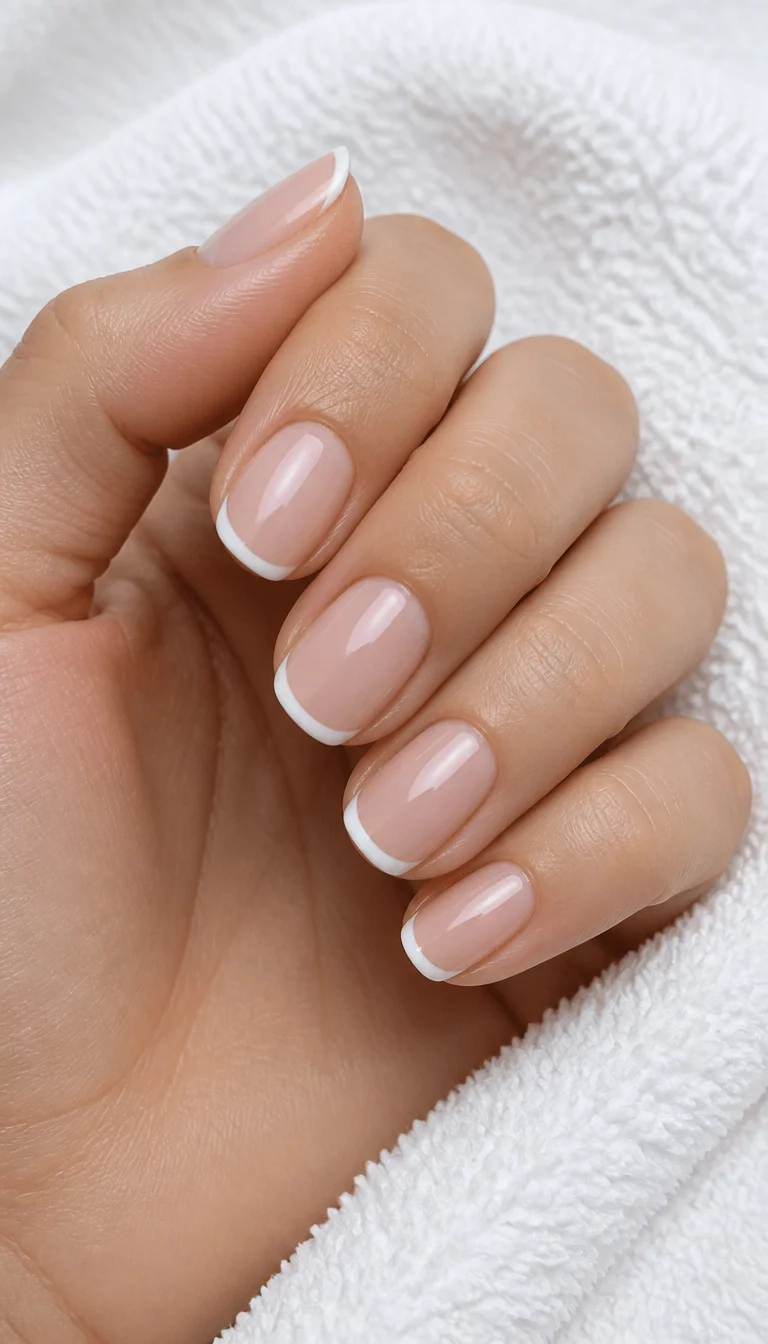 The Polished Oval Classic close-up shot of a woman’s hand with five fingers showing nails with short, oval, neutral-toned nails, appearing polished and classic with a subtle white French tip, white, textured towel.